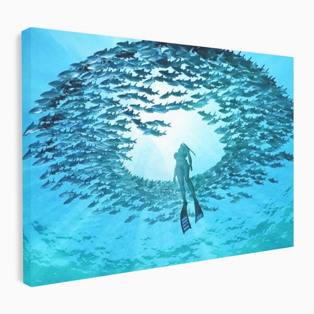 Leinwand Wandkunst Canvas Premium, LuxCanva® M1415, Ozean Dressing, Taucher, Wasser, Ozean, Fisch, Kreis, Kreis, Strudel, tief, Licht, Tanzen, Büro, Wohnen, Kinderzimmer