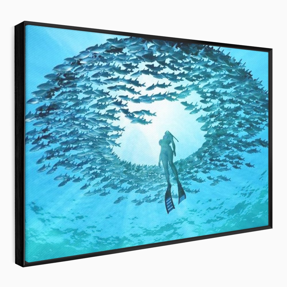 Leinwand Wandkunst Canvas Premium, LuxCanva® M1415, Ozean Dressing, Taucher, Wasser, Ozean, Fisch, Kreis, Kreis, Strudel, tief, Licht, Tanzen, Büro, Wohnen, Kinderzimmer