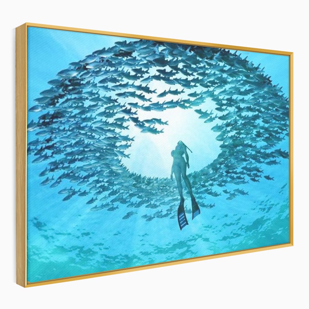 Leinwand Wandkunst Canvas Premium, LuxCanva® M1415, Ozean Dressing, Taucher, Wasser, Ozean, Fisch, Kreis, Kreis, Strudel, tief, Licht, Tanzen, Büro, Wohnen, Kinderzimmer