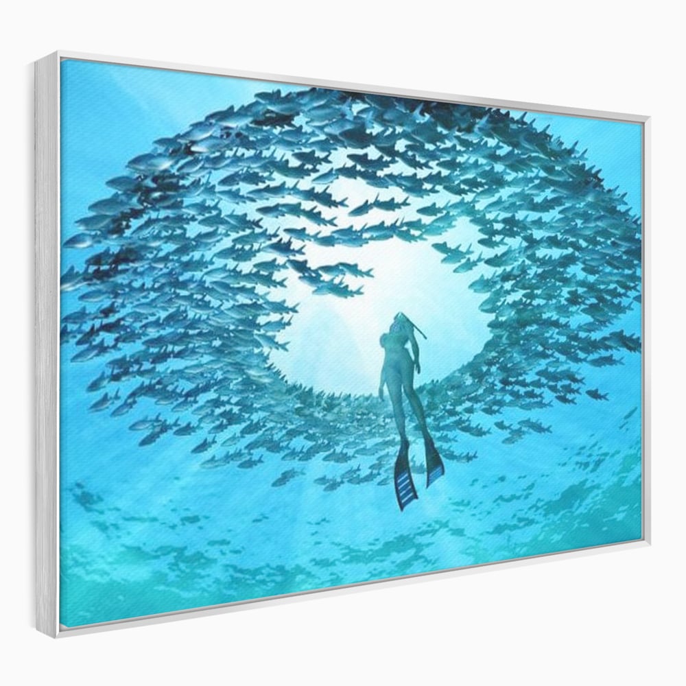 Leinwand Wandkunst Canvas Premium, LuxCanva® M1415, Ozean Dressing, Taucher, Wasser, Ozean, Fisch, Kreis, Kreis, Strudel, tief, Licht, Tanzen, Büro, Wohnen, Kinderzimmer