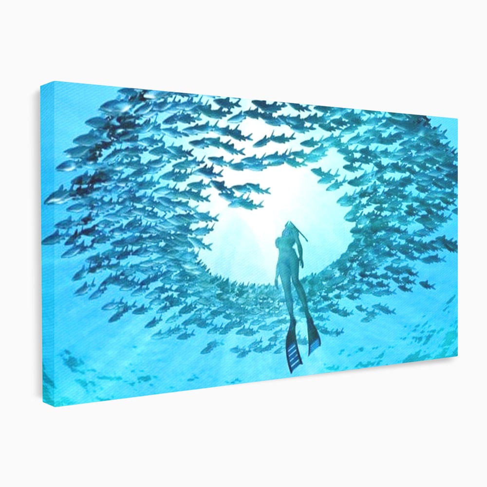Leinwand Wandkunst Canvas Premium, LuxCanva® M1415, Ozean Dressing, Taucher, Wasser, Ozean, Fisch, Kreis, Kreis, Strudel, tief, Licht, Tanzen, Büro, Wohnen, Kinderzimmer