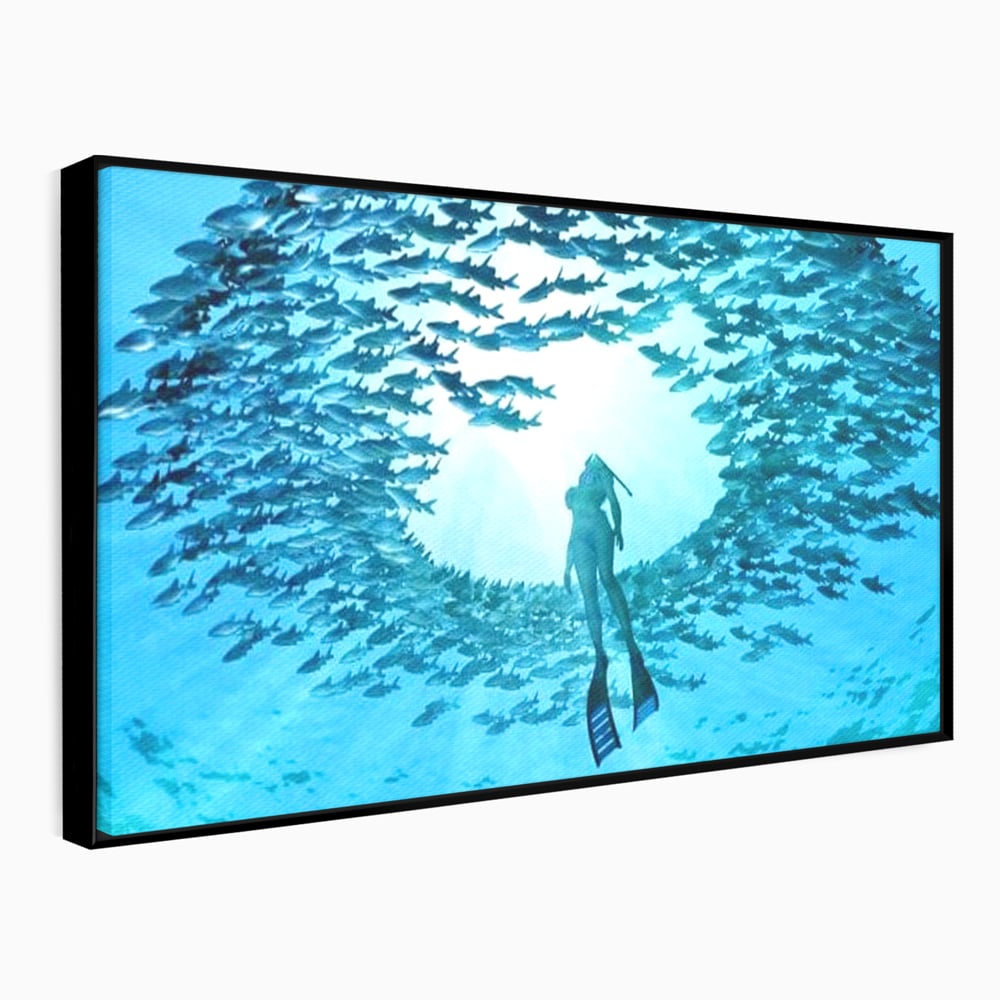 Leinwand Wandkunst Canvas Premium, LuxCanva® M1415, Ozean Dressing, Taucher, Wasser, Ozean, Fisch, Kreis, Kreis, Strudel, tief, Licht, Tanzen, Büro, Wohnen, Kinderzimmer