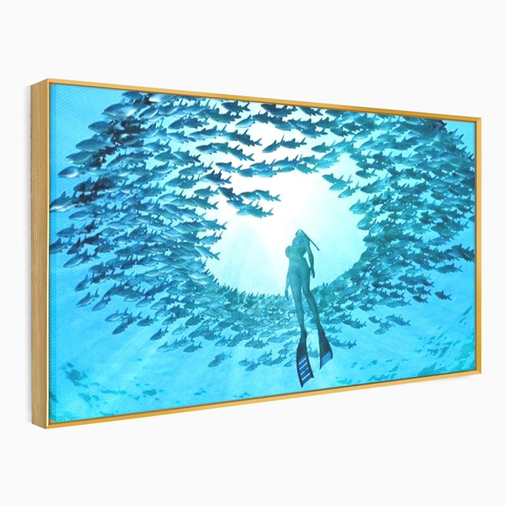 Leinwand Wandkunst Canvas Premium, LuxCanva® M1415, Ozean Dressing, Taucher, Wasser, Ozean, Fisch, Kreis, Kreis, Strudel, tief, Licht, Tanzen, Büro, Wohnen, Kinderzimmer