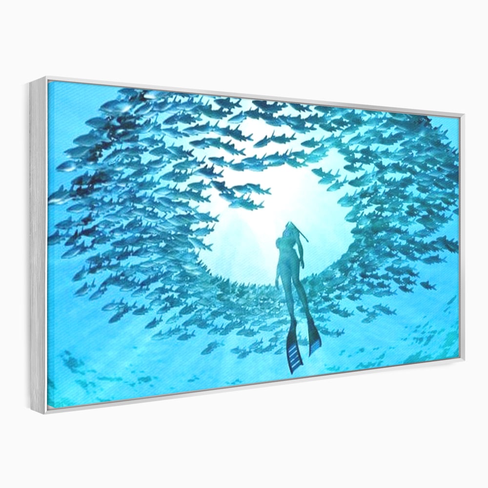 Leinwand Wandkunst Canvas Premium, LuxCanva® M1415, Ozean Dressing, Taucher, Wasser, Ozean, Fisch, Kreis, Kreis, Strudel, tief, Licht, Tanzen, Büro, Wohnen, Kinderzimmer