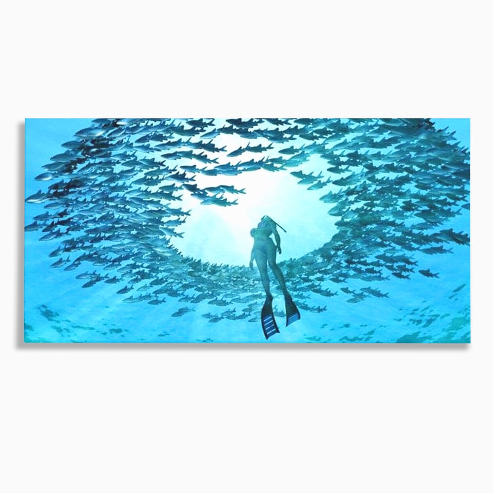 Leinwand Wandkunst Canvas Premium, LuxCanva® M1415, Ozean Dressing, Taucher, Wasser, Ozean, Fisch, Kreis, Kreis, Strudel, tief, Licht, Tanzen, Büro, Wohnen, Kinderzimmer