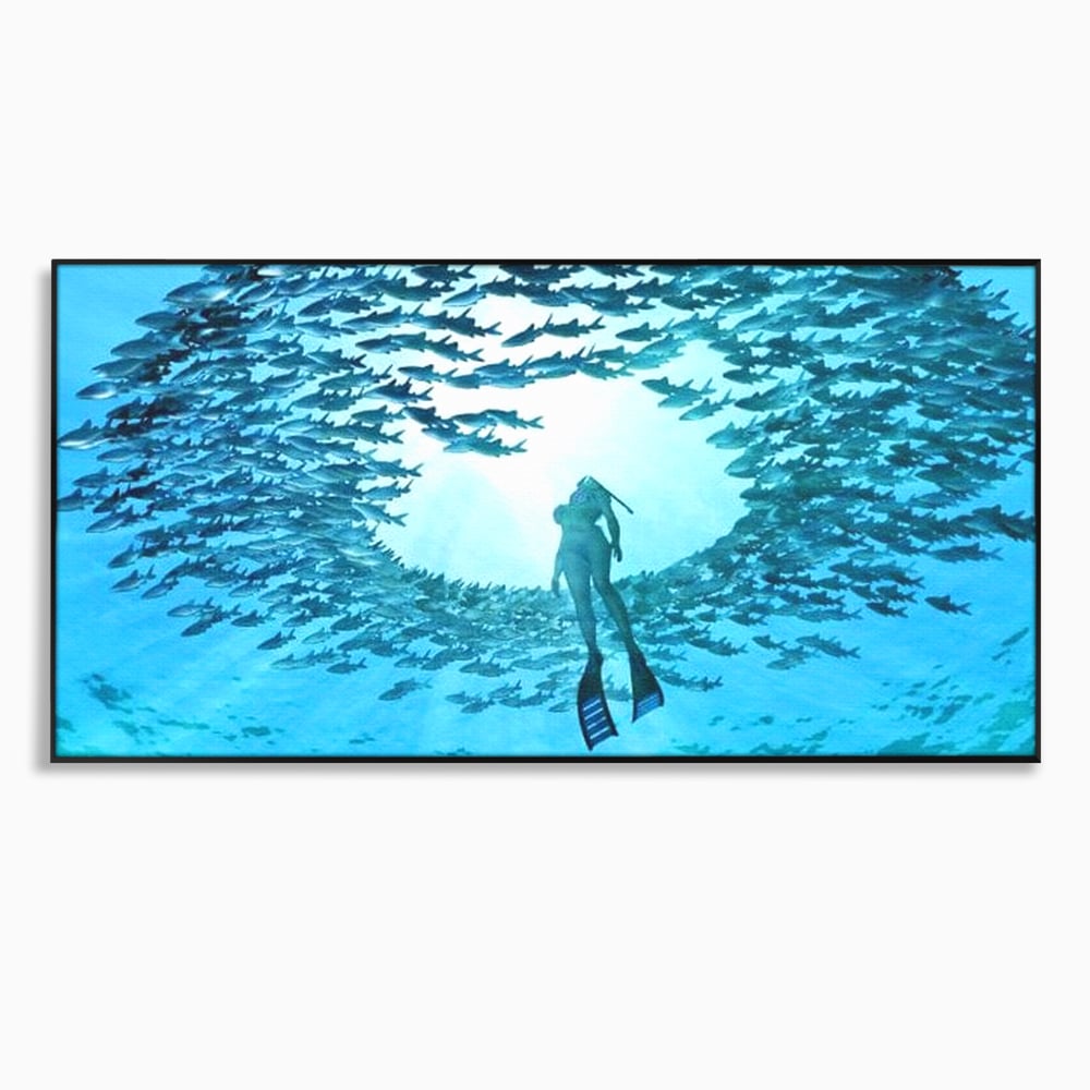 Leinwand Wandkunst Canvas Premium, LuxCanva® M1415, Ozean Dressing, Taucher, Wasser, Ozean, Fisch, Kreis, Kreis, Strudel, tief, Licht, Tanzen, Büro, Wohnen, Kinderzimmer