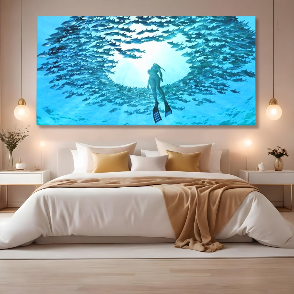 Leinwand Wandkunst Canvas Premium, LuxCanva® M1415, Ozean Dressing, Taucher, Wasser, Ozean, Fisch, Kreis, Kreis, Strudel, tief, Licht, Tanzen, Büro, Wohnen, Kinderzimmer