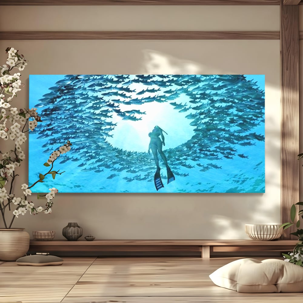 Leinwand Wandkunst Canvas Premium, LuxCanva® M1415, Ozean Dressing, Taucher, Wasser, Ozean, Fisch, Kreis, Kreis, Strudel, tief, Licht, Tanzen, Büro, Wohnen, Kinderzimmer