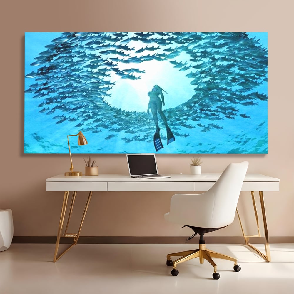 Leinwand Wandkunst Canvas Premium, LuxCanva® M1415, Ozean Dressing, Taucher, Wasser, Ozean, Fisch, Kreis, Kreis, Strudel, tief, Licht, Tanzen, Büro, Wohnen, Kinderzimmer