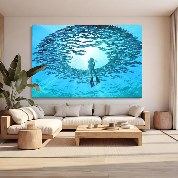 Leinwand Wandkunst Canvas Premium, LuxCanva® M1415, Ozean Dressing, Taucher, Wasser, Ozean, Fisch, Kreis, Kreis, Strudel, tief, Licht, Tanzen, Büro, Wohnen, Kinderzimmer