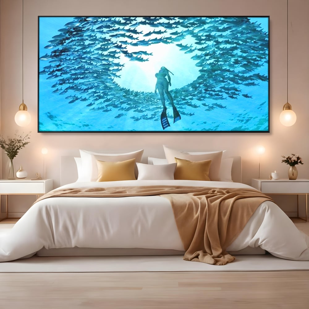 Leinwand Wandkunst Canvas Premium, LuxCanva® M1415, Ozean Dressing, Taucher, Wasser, Ozean, Fisch, Kreis, Kreis, Strudel, tief, Licht, Tanzen, Büro, Wohnen, Kinderzimmer