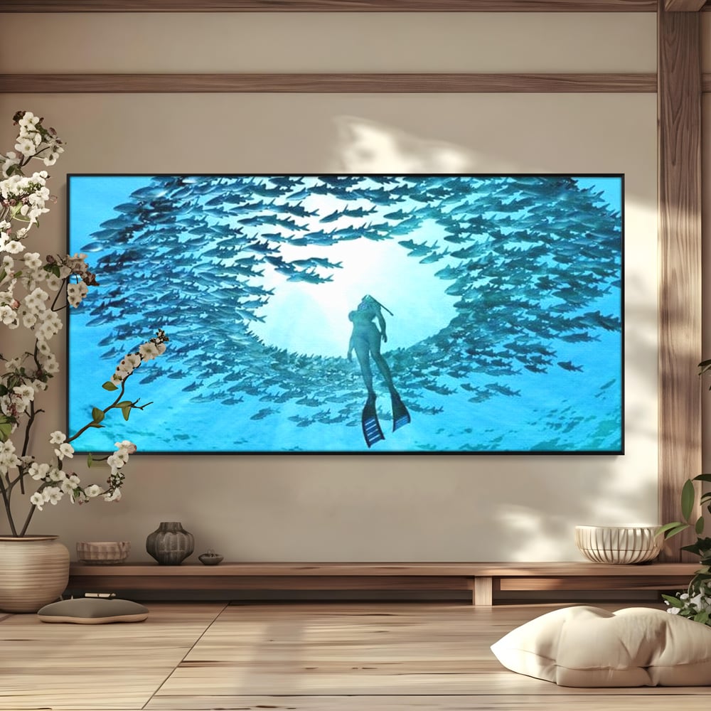 Leinwand Wandkunst Canvas Premium, LuxCanva® M1415, Ozean Dressing, Taucher, Wasser, Ozean, Fisch, Kreis, Kreis, Strudel, tief, Licht, Tanzen, Büro, Wohnen, Kinderzimmer