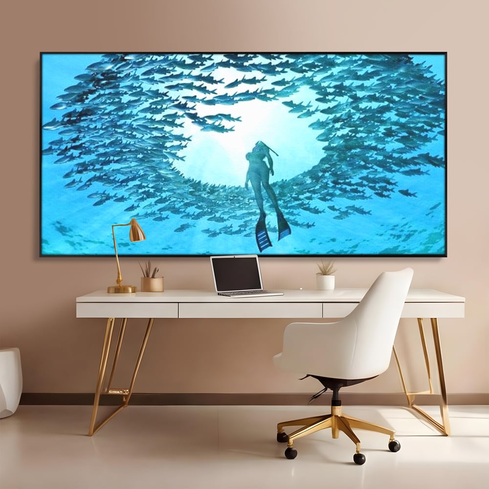 Leinwand Wandkunst Canvas Premium, LuxCanva® M1415, Ozean Dressing, Taucher, Wasser, Ozean, Fisch, Kreis, Kreis, Strudel, tief, Licht, Tanzen, Büro, Wohnen, Kinderzimmer
