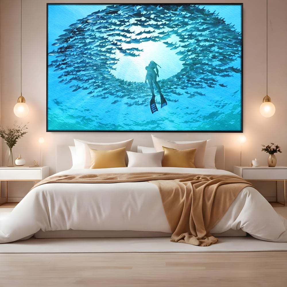 Leinwand Wandkunst Canvas Premium, LuxCanva® M1415, Ozean Dressing, Taucher, Wasser, Ozean, Fisch, Kreis, Kreis, Strudel, tief, Licht, Tanzen, Büro, Wohnen, Kinderzimmer