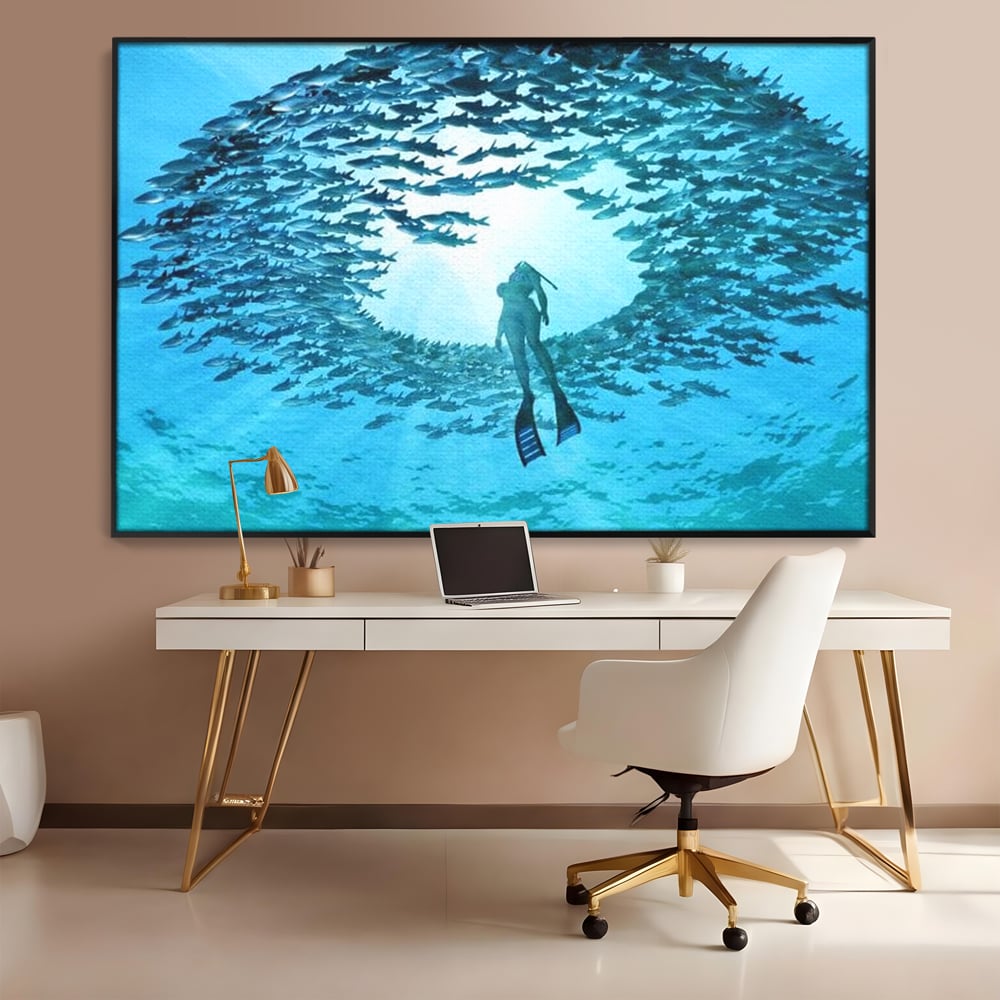 Leinwand Wandkunst Canvas Premium, LuxCanva® M1415, Ozean Dressing, Taucher, Wasser, Ozean, Fisch, Kreis, Kreis, Strudel, tief, Licht, Tanzen, Büro, Wohnen, Kinderzimmer