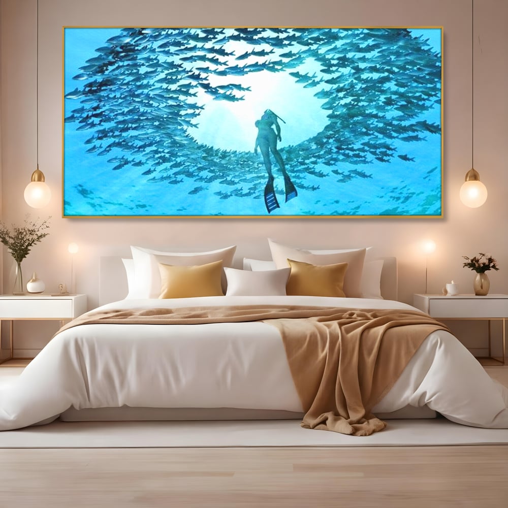 Leinwand Wandkunst Canvas Premium, LuxCanva® M1415, Ozean Dressing, Taucher, Wasser, Ozean, Fisch, Kreis, Kreis, Strudel, tief, Licht, Tanzen, Büro, Wohnen, Kinderzimmer