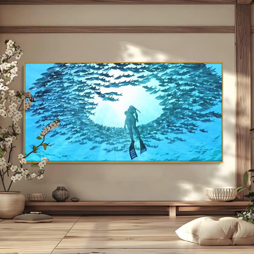 Leinwand Wandkunst Canvas Premium, LuxCanva® M1415, Ozean Dressing, Taucher, Wasser, Ozean, Fisch, Kreis, Kreis, Strudel, tief, Licht, Tanzen, Büro, Wohnen, Kinderzimmer