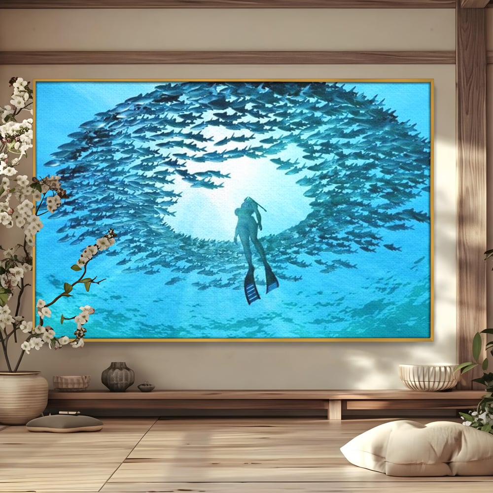 Leinwand Wandkunst Canvas Premium, LuxCanva® M1415, Ozean Dressing, Taucher, Wasser, Ozean, Fisch, Kreis, Kreis, Strudel, tief, Licht, Tanzen, Büro, Wohnen, Kinderzimmer