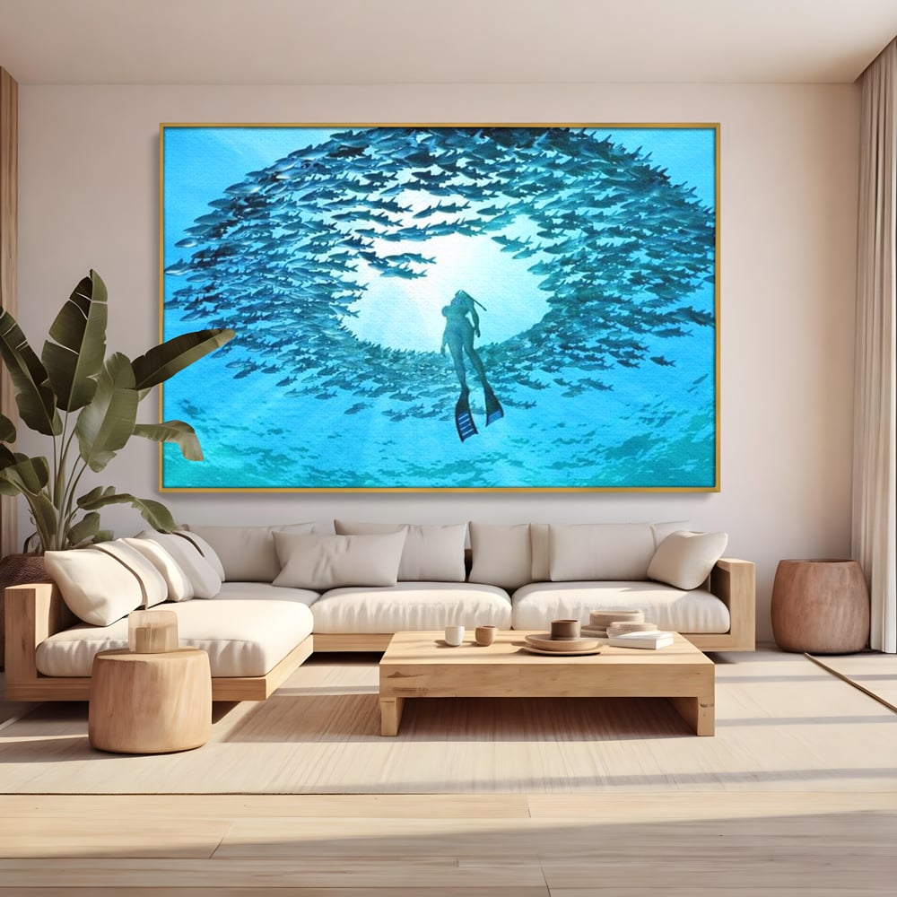 Leinwand Wandkunst Canvas Premium, LuxCanva® M1415, Ozean Dressing, Taucher, Wasser, Ozean, Fisch, Kreis, Kreis, Strudel, tief, Licht, Tanzen, Büro, Wohnen, Kinderzimmer