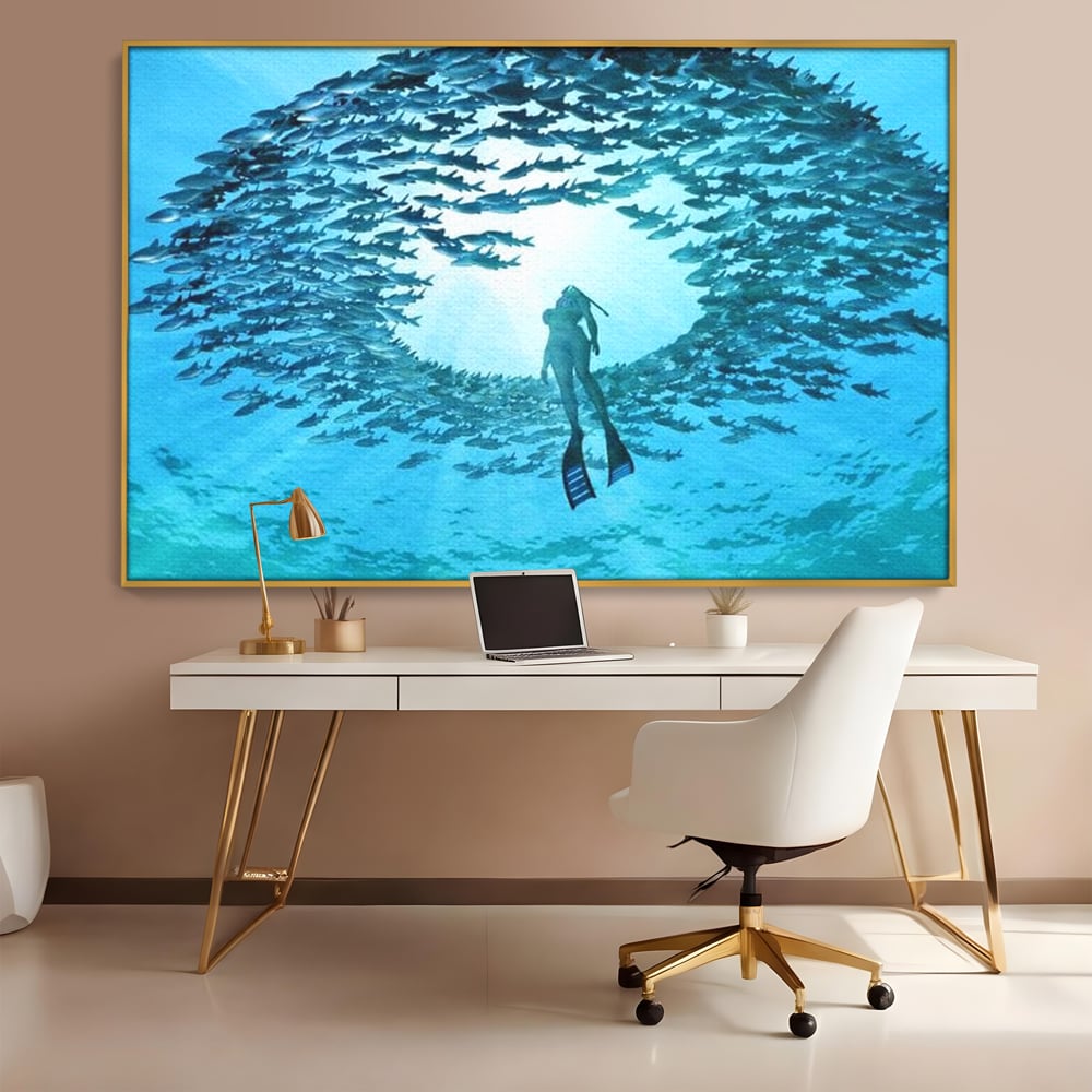 Leinwand Wandkunst Canvas Premium, LuxCanva® M1415, Ozean Dressing, Taucher, Wasser, Ozean, Fisch, Kreis, Kreis, Strudel, tief, Licht, Tanzen, Büro, Wohnen, Kinderzimmer