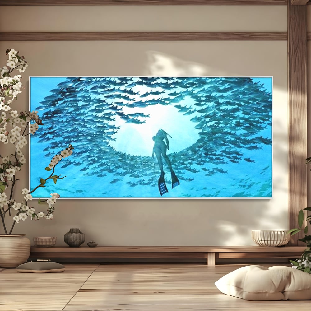 Leinwand Wandkunst Canvas Premium, LuxCanva® M1415, Ozean Dressing, Taucher, Wasser, Ozean, Fisch, Kreis, Kreis, Strudel, tief, Licht, Tanzen, Büro, Wohnen, Kinderzimmer