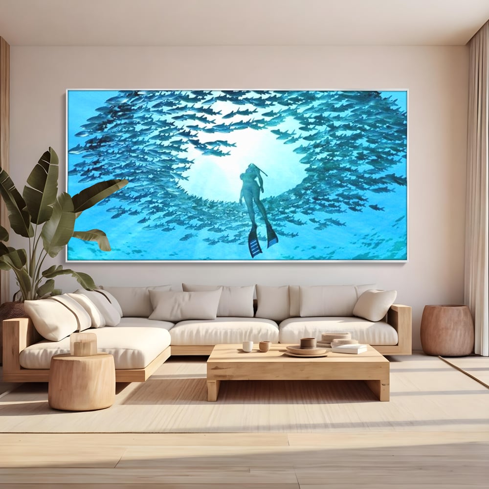 Leinwand Wandkunst Canvas Premium, LuxCanva® M1415, Ozean Dressing, Taucher, Wasser, Ozean, Fisch, Kreis, Kreis, Strudel, tief, Licht, Tanzen, Büro, Wohnen, Kinderzimmer