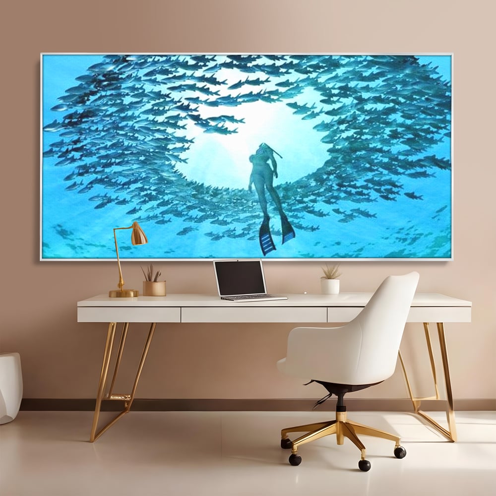 Leinwand Wandkunst Canvas Premium, LuxCanva® M1415, Ozean Dressing, Taucher, Wasser, Ozean, Fisch, Kreis, Kreis, Strudel, tief, Licht, Tanzen, Büro, Wohnen, Kinderzimmer