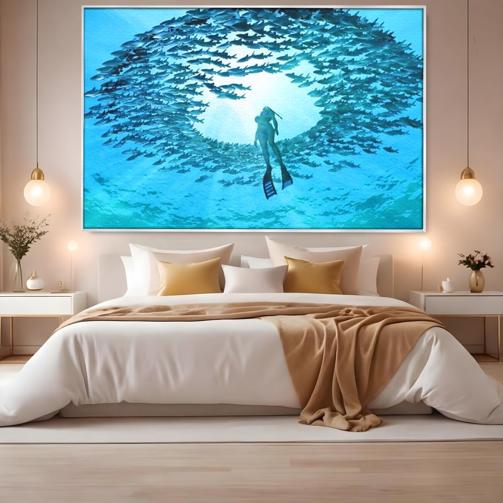 Leinwand Wandkunst Canvas Premium, LuxCanva® M1415, Ozean Dressing, Taucher, Wasser, Ozean, Fisch, Kreis, Kreis, Strudel, tief, Licht, Tanzen, Büro, Wohnen, Kinderzimmer