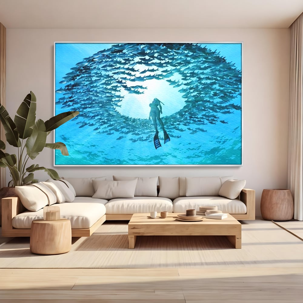 Leinwand Wandkunst Canvas Premium, LuxCanva® M1415, Ozean Dressing, Taucher, Wasser, Ozean, Fisch, Kreis, Kreis, Strudel, tief, Licht, Tanzen, Büro, Wohnen, Kinderzimmer