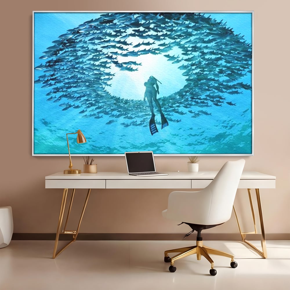Leinwand Wandkunst Canvas Premium, LuxCanva® M1415, Ozean Dressing, Taucher, Wasser, Ozean, Fisch, Kreis, Kreis, Strudel, tief, Licht, Tanzen, Büro, Wohnen, Kinderzimmer