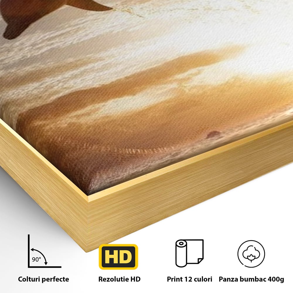 Tablou Canvas Premium, LuxCanva® M1417, Sarutul Soarelui, Delfin, Salt, Valuri, Apa, Ocean, Apus, Energie, Viata, Joaca, Libertate, Mamifer, Birou, Living, Camera Copil