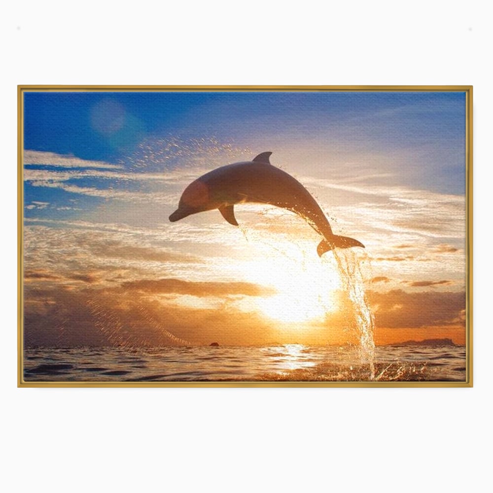 Tablou Canvas Premium, LuxCanva® M1417, Sarutul Soarelui, Delfin, Salt, Valuri, Apa, Ocean, Apus, Energie, Viata, Joaca, Libertate, Mamifer, Birou, Living, Camera Copil