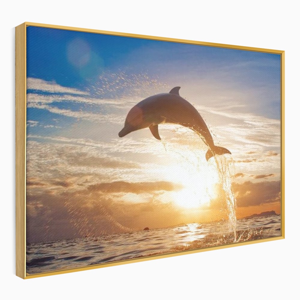 Tablou Canvas Premium, LuxCanva® M1417, Sarutul Soarelui, Delfin, Salt, Valuri, Apa, Ocean, Apus, Energie, Viata, Joaca, Libertate, Mamifer, Birou, Living, Camera Copil