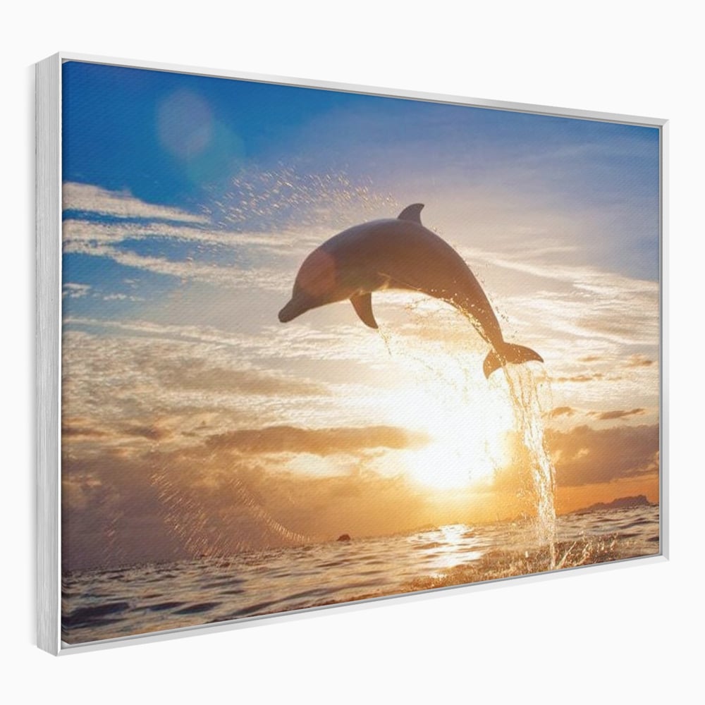 Tablou Canvas Premium, LuxCanva® M1417, Sarutul Soarelui, Delfin, Salt, Valuri, Apa, Ocean, Apus, Energie, Viata, Joaca, Libertate, Mamifer, Birou, Living, Camera Copil