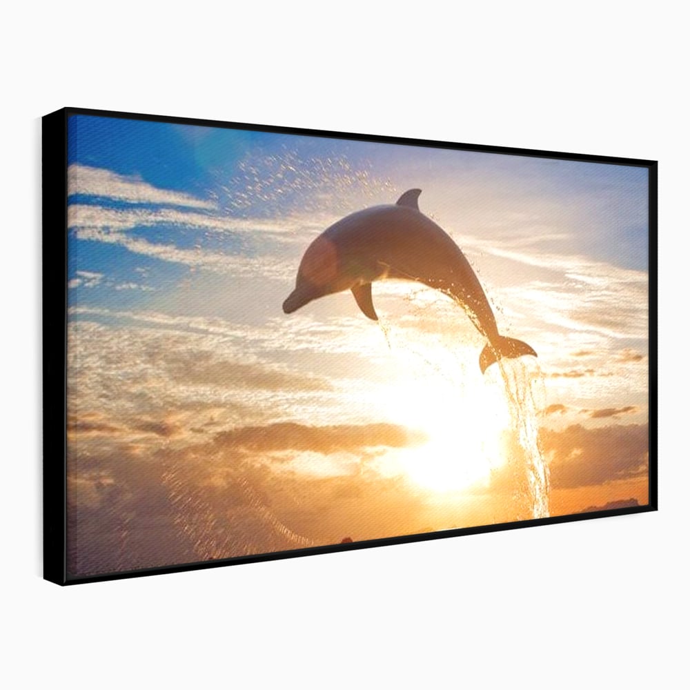 Tablou Canvas Premium, LuxCanva® M1417, Sarutul Soarelui, Delfin, Salt, Valuri, Apa, Ocean, Apus, Energie, Viata, Joaca, Libertate, Mamifer, Birou, Living, Camera Copil