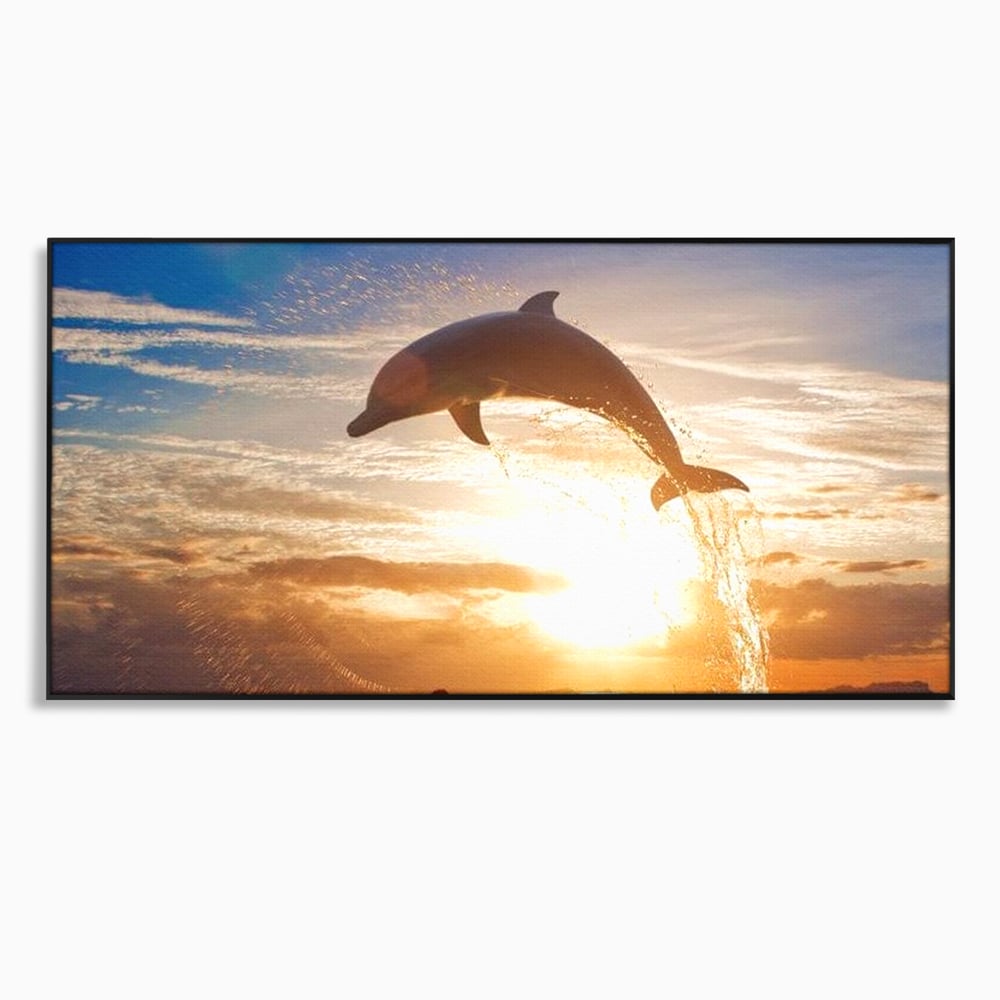 Tablou Canvas Premium, LuxCanva® M1417, Sarutul Soarelui, Delfin, Salt, Valuri, Apa, Ocean, Apus, Energie, Viata, Joaca, Libertate, Mamifer, Birou, Living, Camera Copil