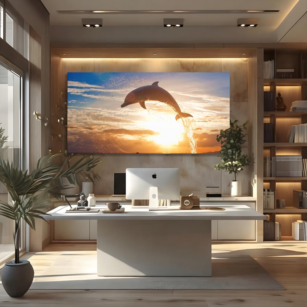 Tablou Canvas Premium, LuxCanva® M1417, Sarutul Soarelui, Delfin, Salt, Valuri, Apa, Ocean, Apus, Energie, Viata, Joaca, Libertate, Mamifer, Birou, Living, Camera Copil