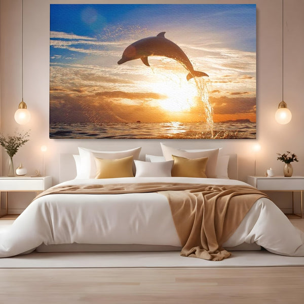 Tablou Canvas Premium, LuxCanva® M1417, Sarutul Soarelui, Delfin, Salt, Valuri, Apa, Ocean, Apus, Energie, Viata, Joaca, Libertate, Mamifer, Birou, Living, Camera Copil