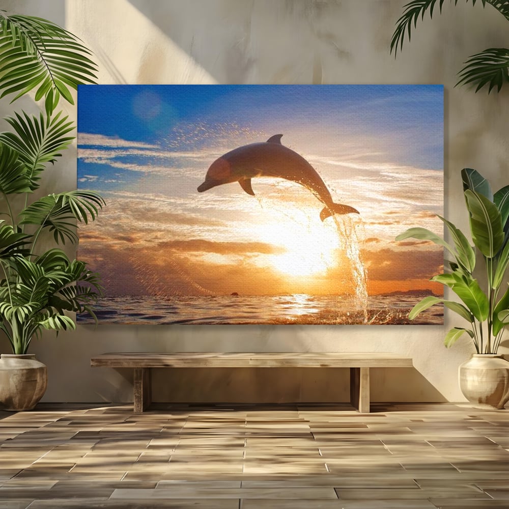 Tablou Canvas Premium, LuxCanva® M1417, Sarutul Soarelui, Delfin, Salt, Valuri, Apa, Ocean, Apus, Energie, Viata, Joaca, Libertate, Mamifer, Birou, Living, Camera Copil