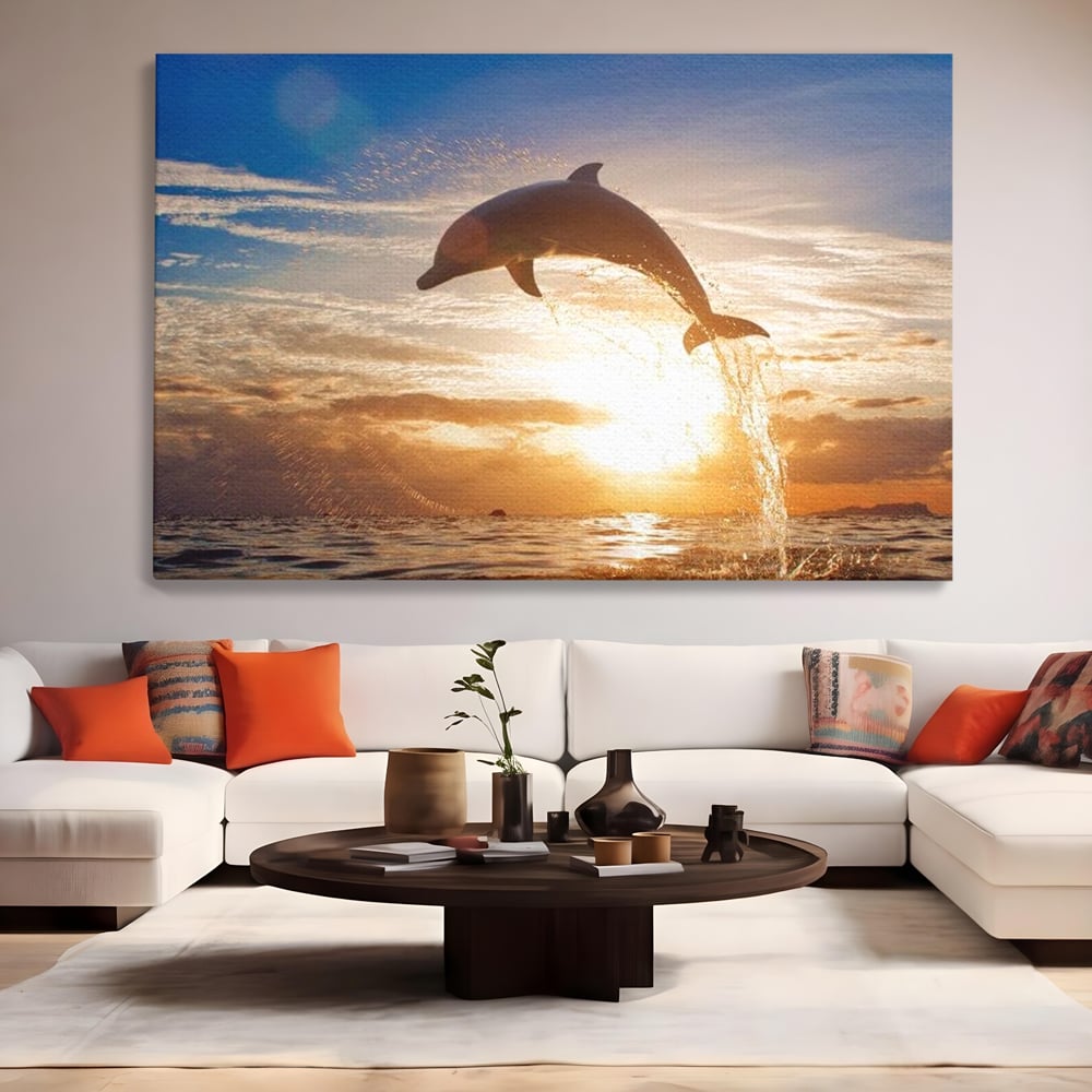 Tablou Canvas Premium, LuxCanva® M1417, Sarutul Soarelui, Delfin, Salt, Valuri, Apa, Ocean, Apus, Energie, Viata, Joaca, Libertate, Mamifer, Birou, Living, Camera Copil