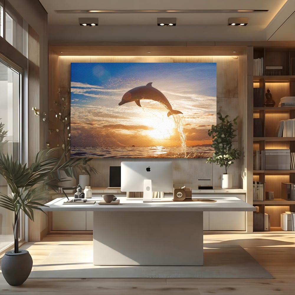 Tablou Canvas Premium, LuxCanva® M1417, Sarutul Soarelui, Delfin, Salt, Valuri, Apa, Ocean, Apus, Energie, Viata, Joaca, Libertate, Mamifer, Birou, Living, Camera Copil