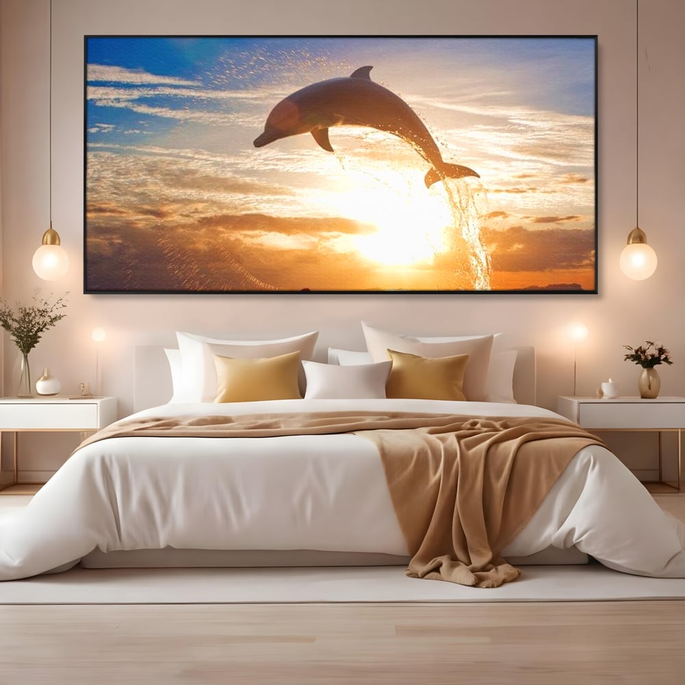 Tablou Canvas Premium, LuxCanva® M1417, Sarutul Soarelui, Delfin, Salt, Valuri, Apa, Ocean, Apus, Energie, Viata, Joaca, Libertate, Mamifer, Birou, Living, Camera Copil
