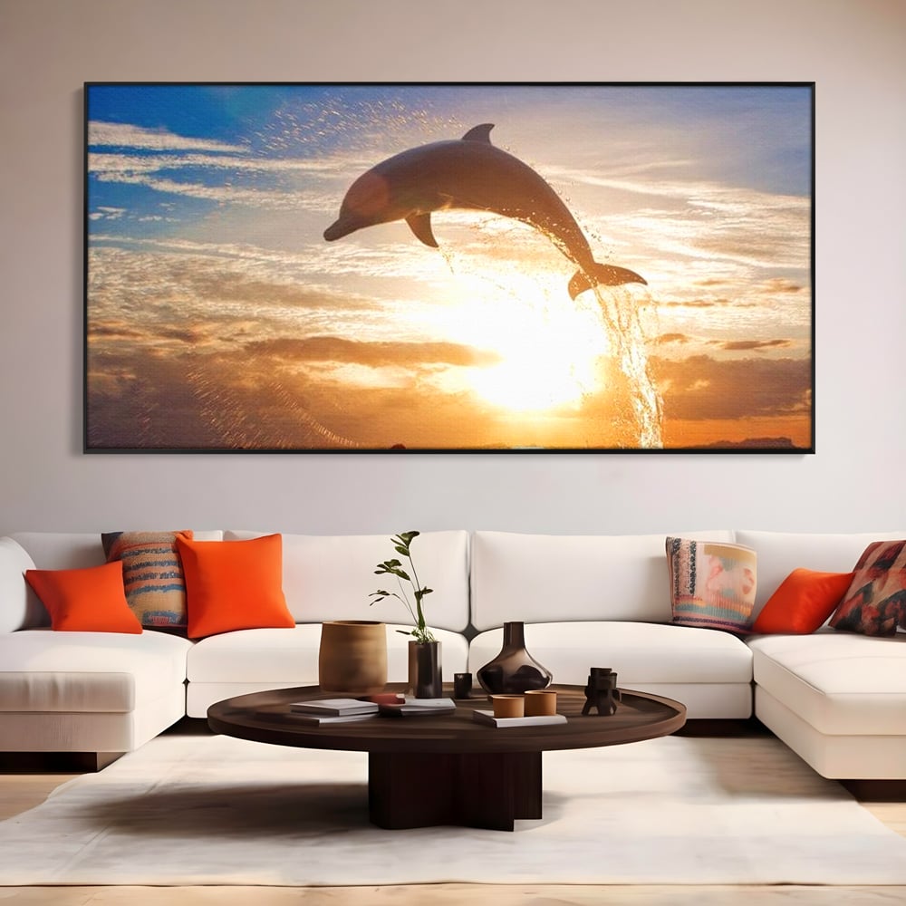 Tablou Canvas Premium, LuxCanva® M1417, Sarutul Soarelui, Delfin, Salt, Valuri, Apa, Ocean, Apus, Energie, Viata, Joaca, Libertate, Mamifer, Birou, Living, Camera Copil