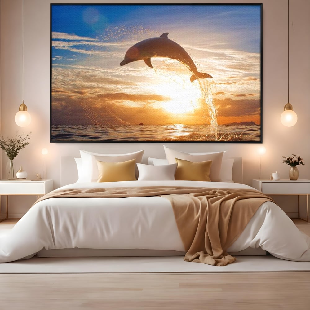 Tablou Canvas Premium, LuxCanva® M1417, Sarutul Soarelui, Delfin, Salt, Valuri, Apa, Ocean, Apus, Energie, Viata, Joaca, Libertate, Mamifer, Birou, Living, Camera Copil