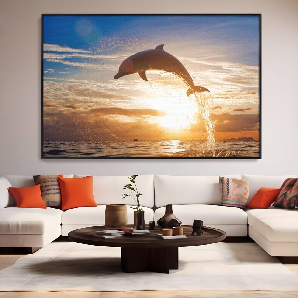 Tablou Canvas Premium, LuxCanva® M1417, Sarutul Soarelui, Delfin, Salt, Valuri, Apa, Ocean, Apus, Energie, Viata, Joaca, Libertate, Mamifer, Birou, Living, Camera Copil
