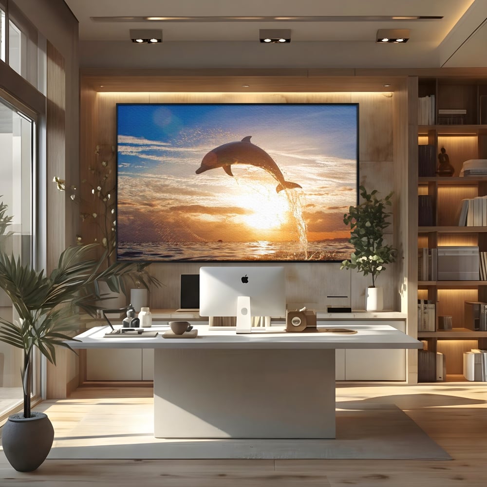 Tablou Canvas Premium, LuxCanva® M1417, Sarutul Soarelui, Delfin, Salt, Valuri, Apa, Ocean, Apus, Energie, Viata, Joaca, Libertate, Mamifer, Birou, Living, Camera Copil