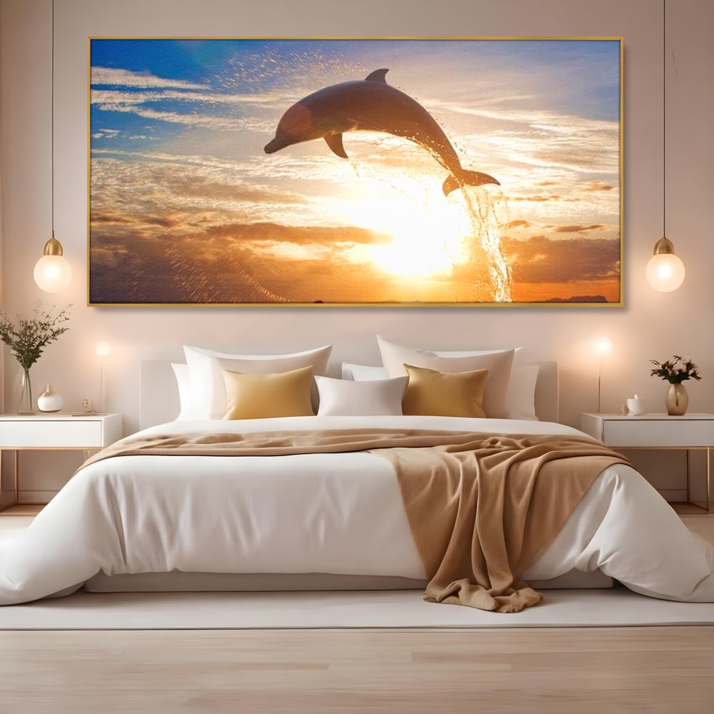 Tablou Canvas Premium, LuxCanva® M1417, Sarutul Soarelui, Delfin, Salt, Valuri, Apa, Ocean, Apus, Energie, Viata, Joaca, Libertate, Mamifer, Birou, Living, Camera Copil