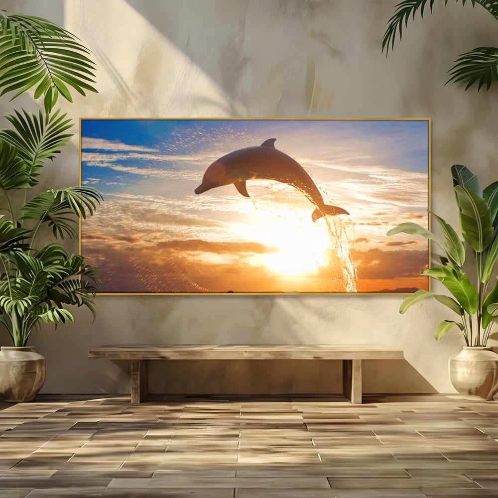 Tablou Canvas Premium, LuxCanva® M1417, Sarutul Soarelui, Delfin, Salt, Valuri, Apa, Ocean, Apus, Energie, Viata, Joaca, Libertate, Mamifer, Birou, Living, Camera Copil