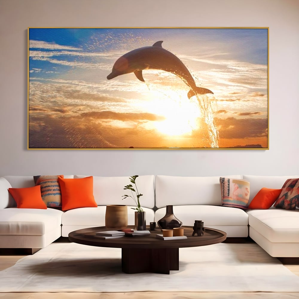Tablou Canvas Premium, LuxCanva® M1417, Sarutul Soarelui, Delfin, Salt, Valuri, Apa, Ocean, Apus, Energie, Viata, Joaca, Libertate, Mamifer, Birou, Living, Camera Copil