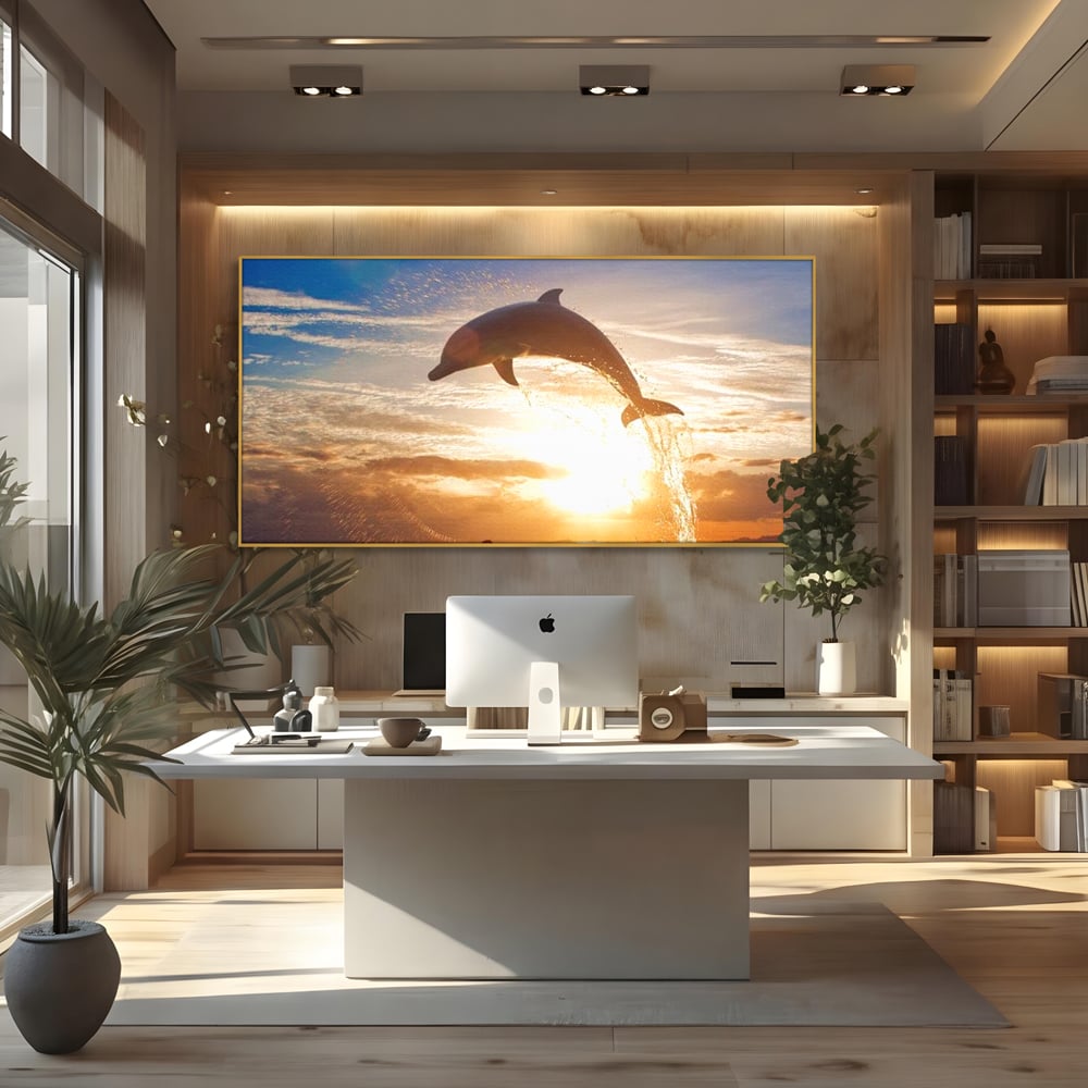 Tablou Canvas Premium, LuxCanva® M1417, Sarutul Soarelui, Delfin, Salt, Valuri, Apa, Ocean, Apus, Energie, Viata, Joaca, Libertate, Mamifer, Birou, Living, Camera Copil